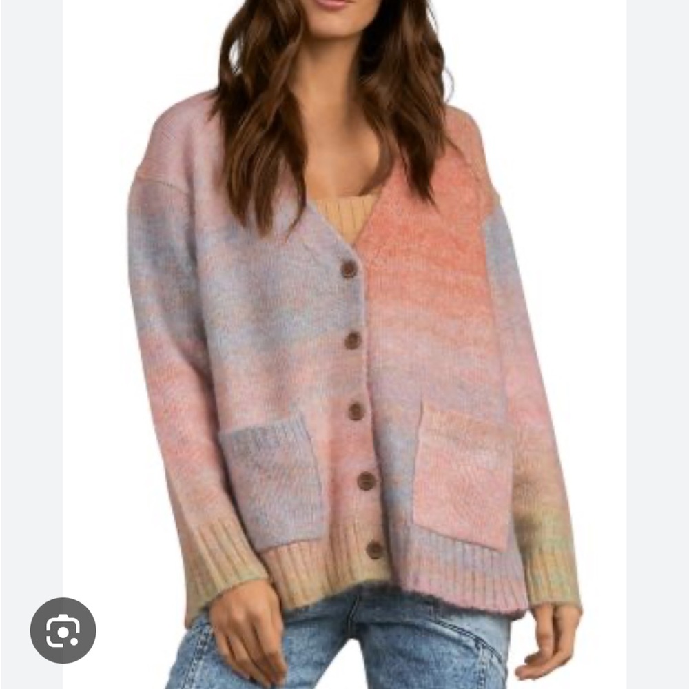 Elan Oversized Buttoned V-neck Ombre Cardigan Multicoloured Pockets L